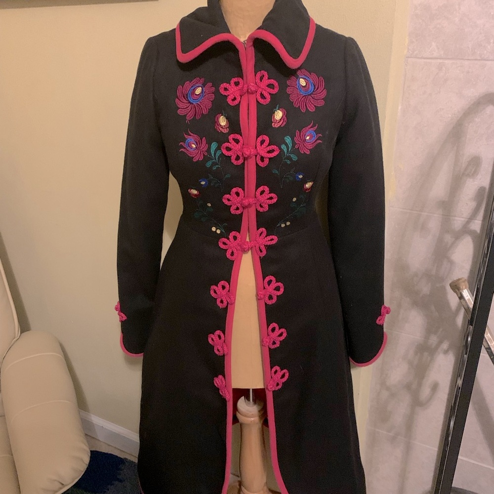Embroidered colorful wool womens pea coat
